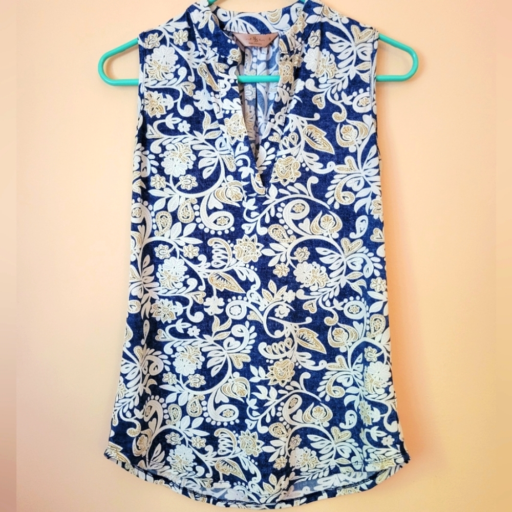 NWOT SJS Sleeveless Blue Floral/Paisley Textured Tunic, V-Neck, Casual, S